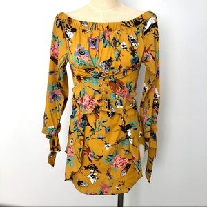 LULUMARI Yellow Floral Tunic off-shoulder Top